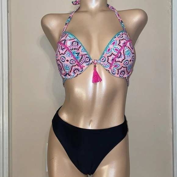 Shade & Shore womens 34D medium bikini bathing suit swim top push up pink tassel - Picture 2 of 7
